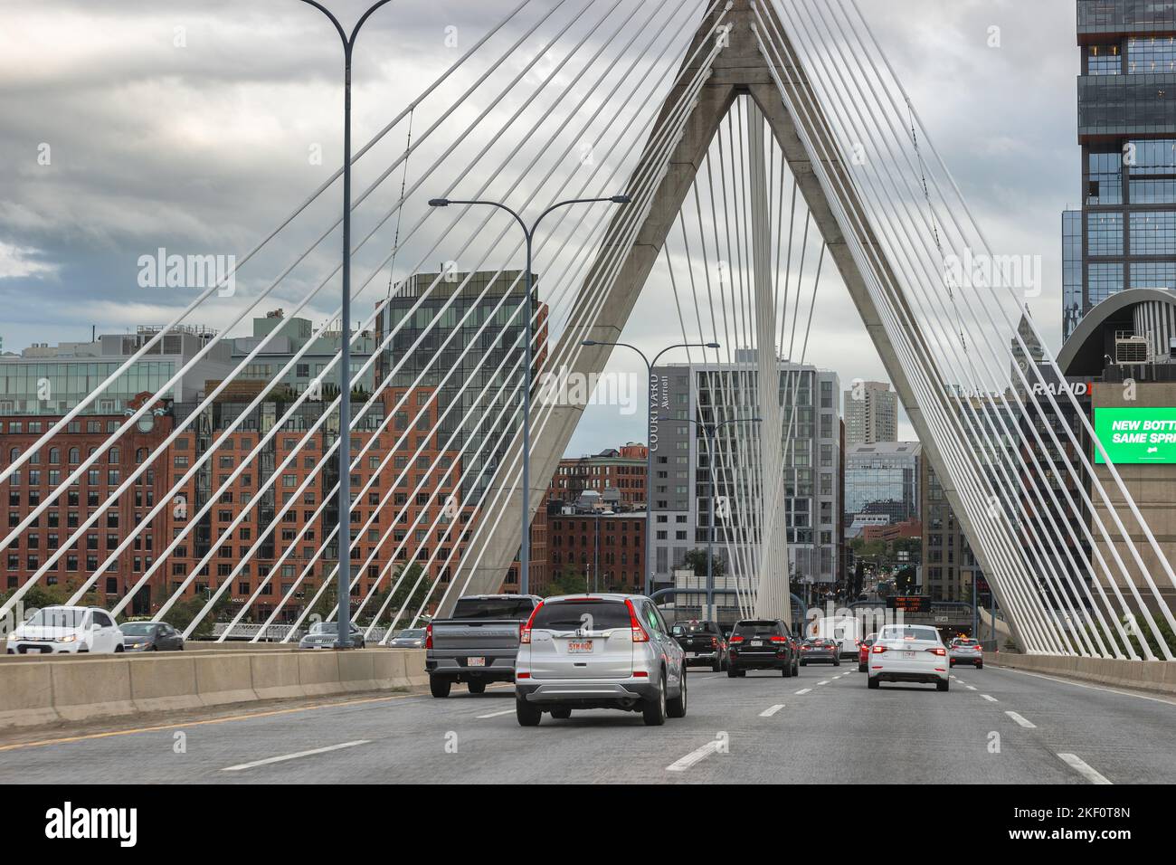 Boston, Massachusetts, USA - September 13, 2022:  Driving across the Leonard P. Zakim Bunker Hill Bridgei nto the Thomas P. O'Neill Jr. Tunnel. Stock Photo