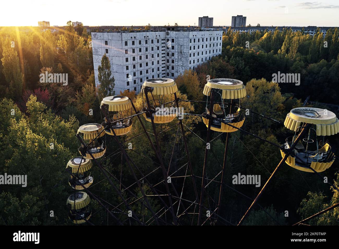 Chernobyl Ferries Wheel fairground from drone view - Autumn aerial from above in Pripyat, Ukraine Stock Photo