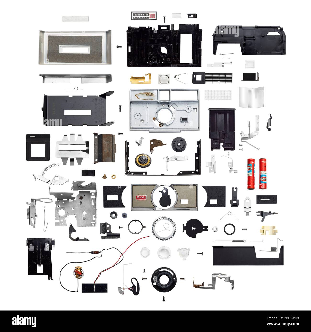 Instamatic 300 camera shown in pieces on a white background Stock Photo