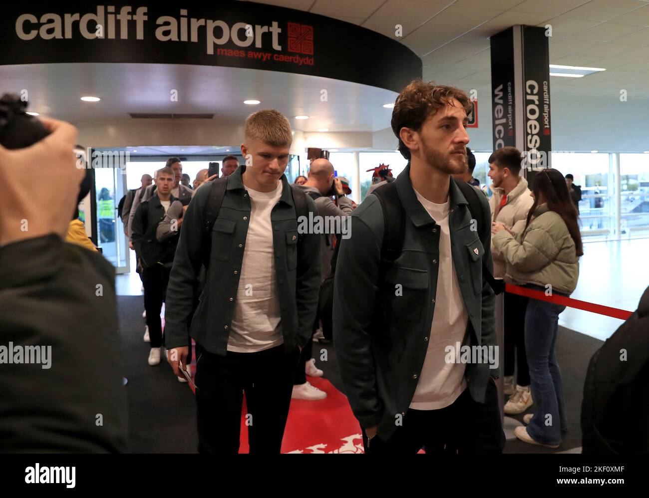 Wales' Tom Lockyer (right) and Jordan James departing for Qatar from Cardiff airport, Wales. Picture date: Tuesday November 15, 2022. Stock Photo