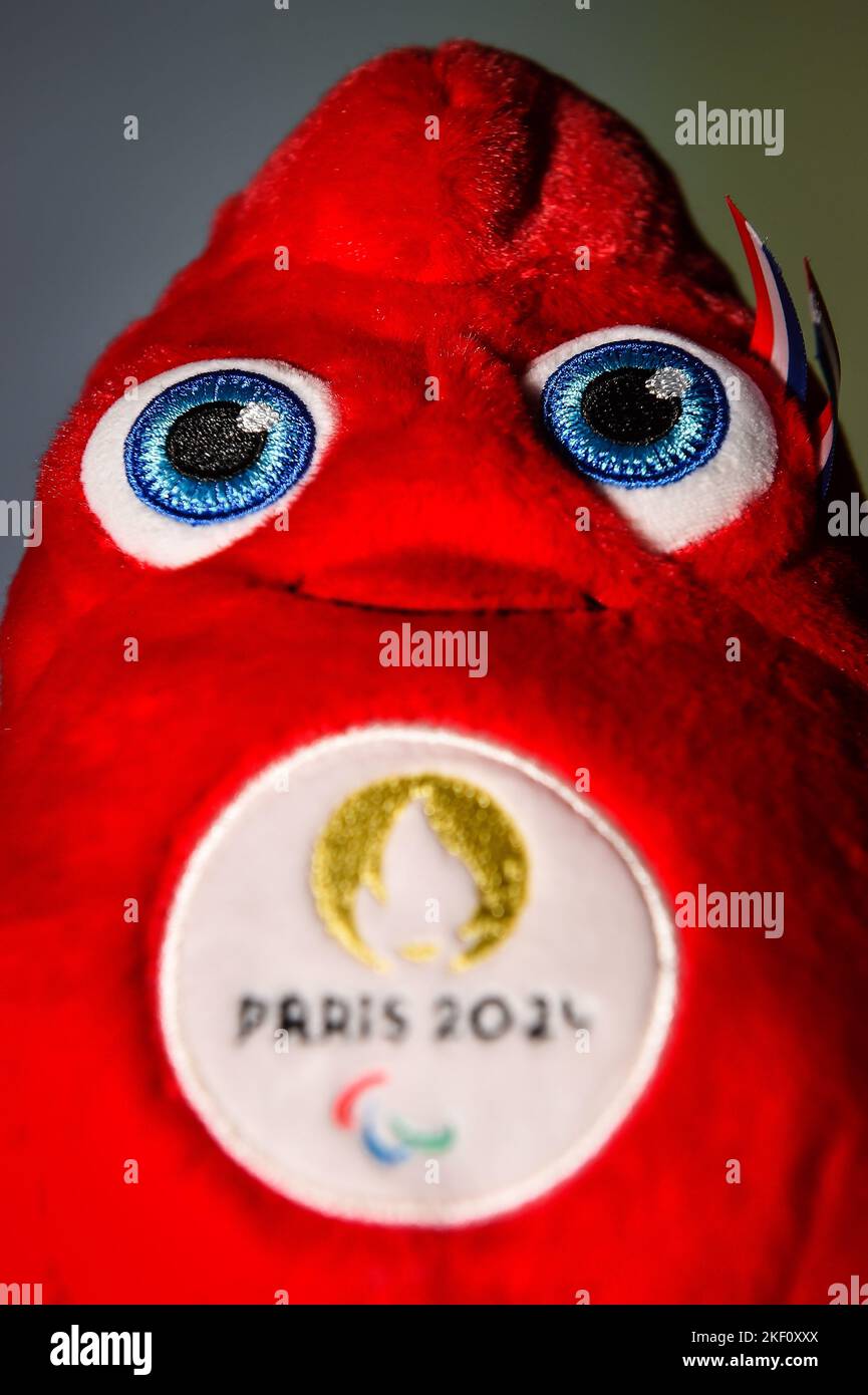 This photograph shows a plush toy representing the mascot of the Paris