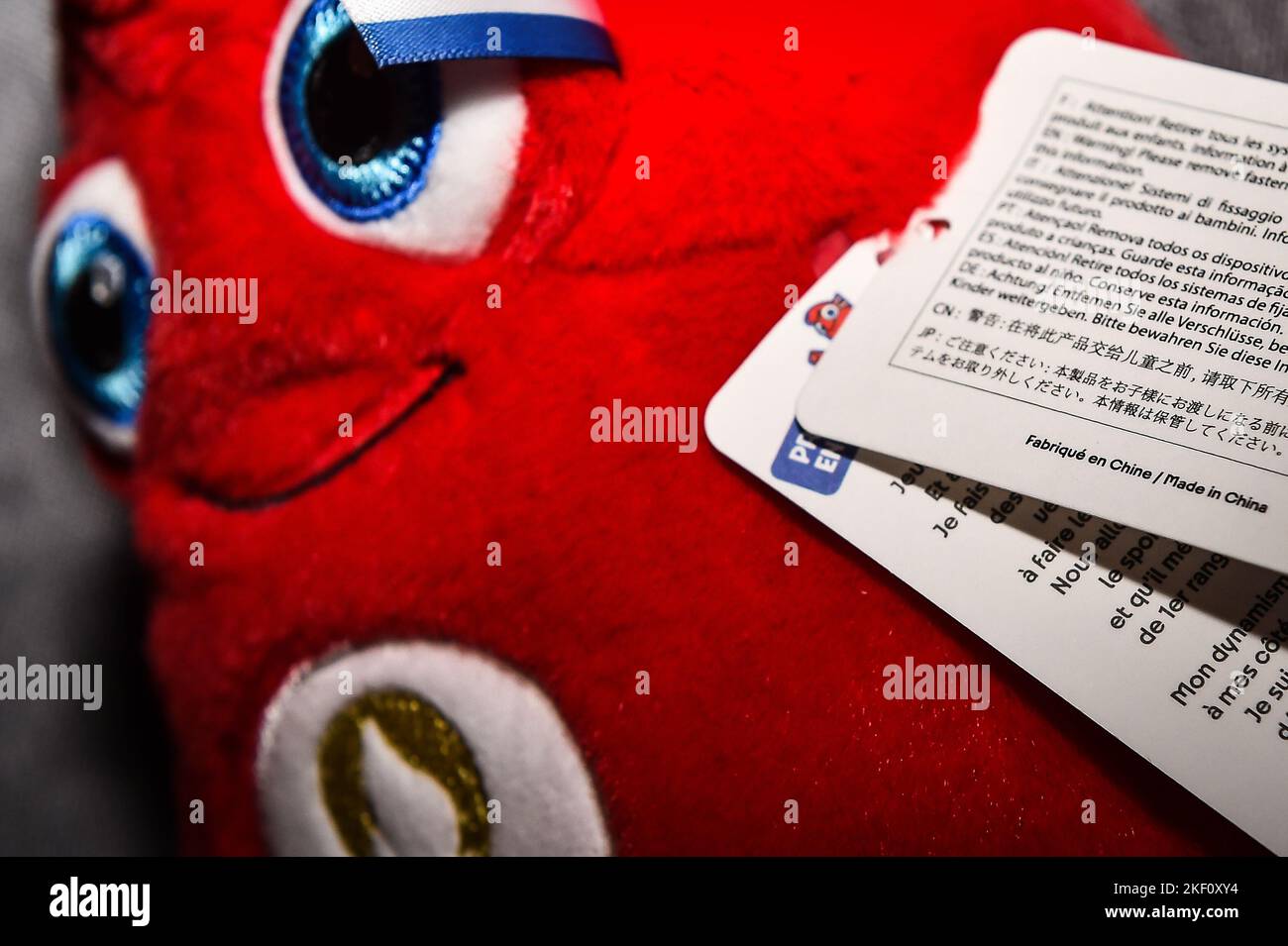 This photograph shows a plush toy representing the mascot of the Paris