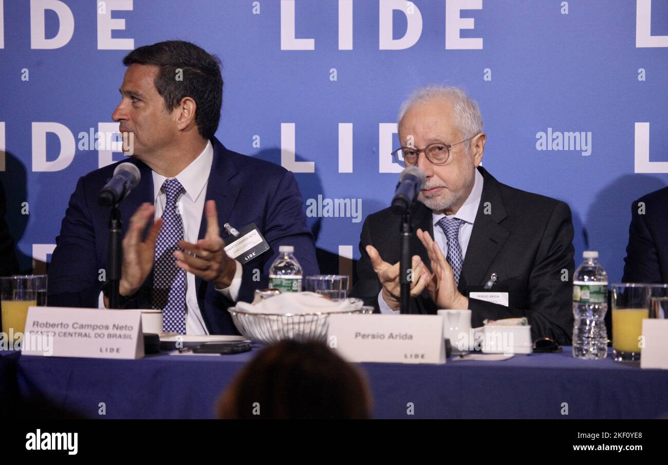 New York, USA. 15th Nov, 2022. (NEW) The LIDE Brazil Conference-NY : ''The Brazilian Economy in 2023 and Beyond.'' November 15, 2022, New York, USA: The LIDE Brazil Conference - New York is taking place on November 15th at the Harvard Club in New York with the presence Roberto Campos Neto (president of the Central Bank), Henrique Meirelles (former Finance Minister and president of the Central Bank), Isaac Sidney (president of Brazilian Federation of Banks), Joaquim Levy (director of Banco Safra and former Finance Minister), Persio Arida (former president of BNDES and the Central Bank), Rodr Stock Photo