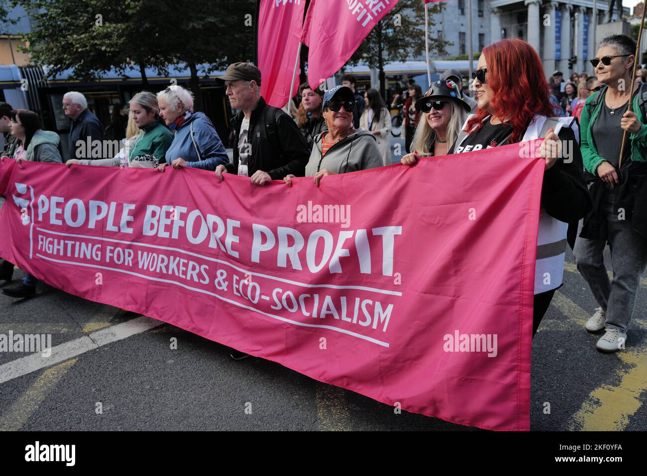 Protestors who support the People before Profit political organisation at a Cost of Living Crisis march in Dublin city centre Stock Photo
