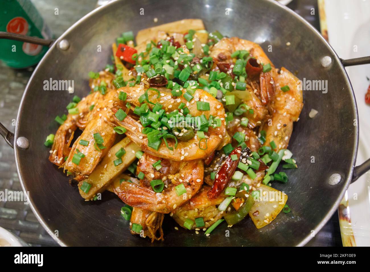 Dish of Chili prawns with the shell on, Chinatown, Singapore Stock Photo