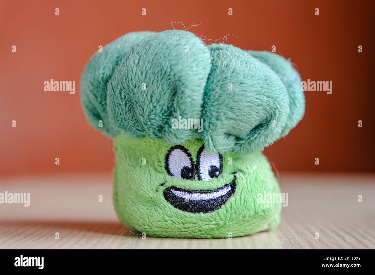 Soft plush toy for children - green broccoli. Broccoli with a happy face. Children's toy close-up, space for text. Stock Photo