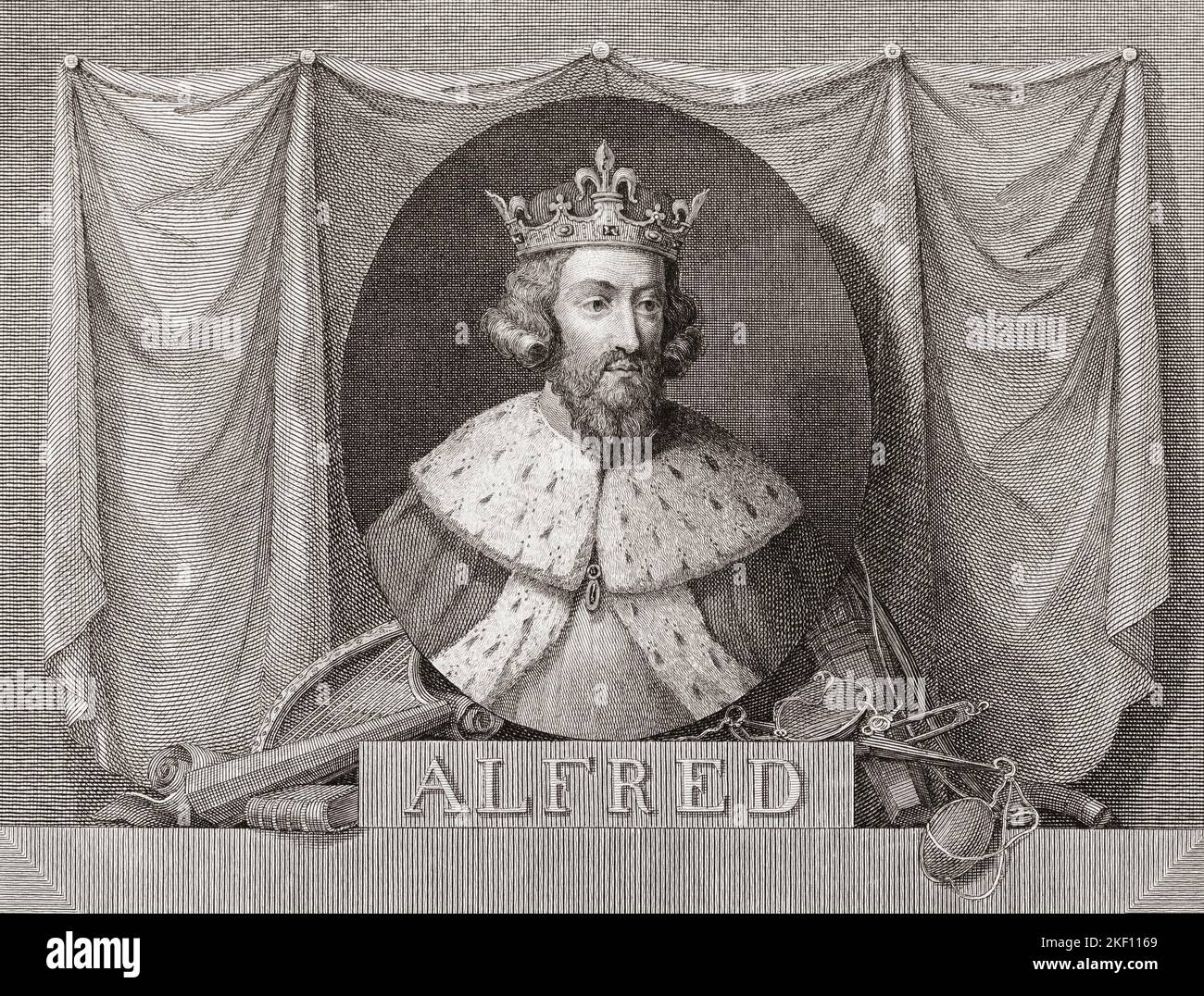 Alfred the Great,  848/849 –  899.   King of the West Saxons  871 to c. 886 and King of the Anglo-Saxons from c. 886.  After an engraving by William Skelton. Stock Photo