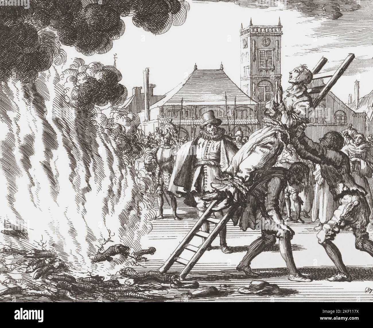A witch condemned to be burned alive in 16th century Holland.  After a 17th century work by Jan Luyken. Stock Photo