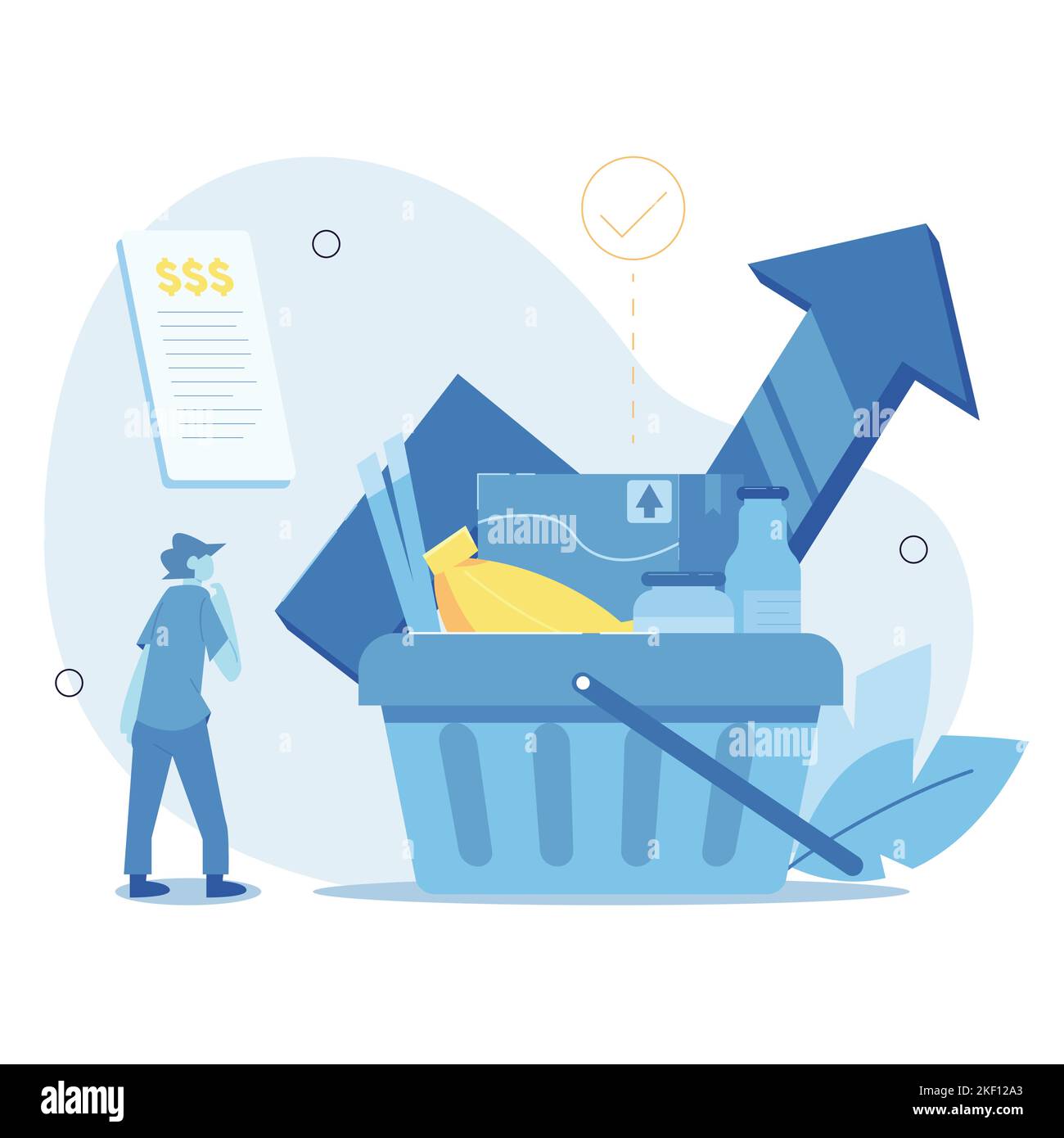 Expensive daily needs. Increase in the price of basic commodities. Managing groceries during a recession. Vector illustration Stock Vector