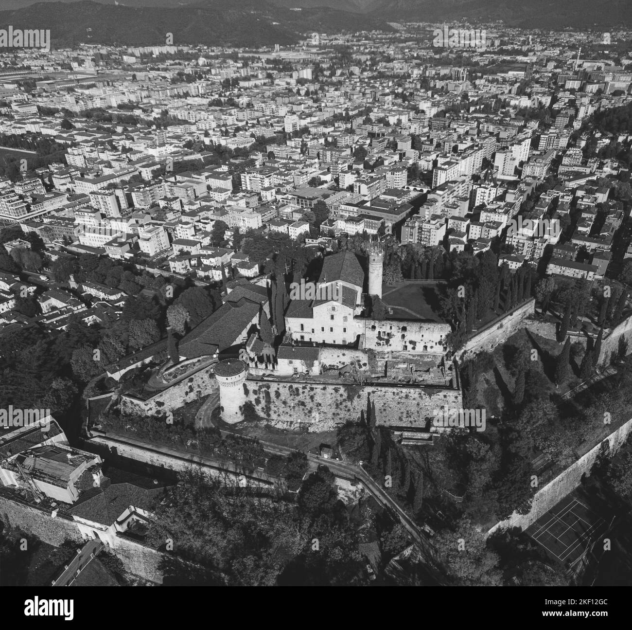 Brescia, Italy - November 2022 Aerial view of castle and the city scenic pano Stock Photo