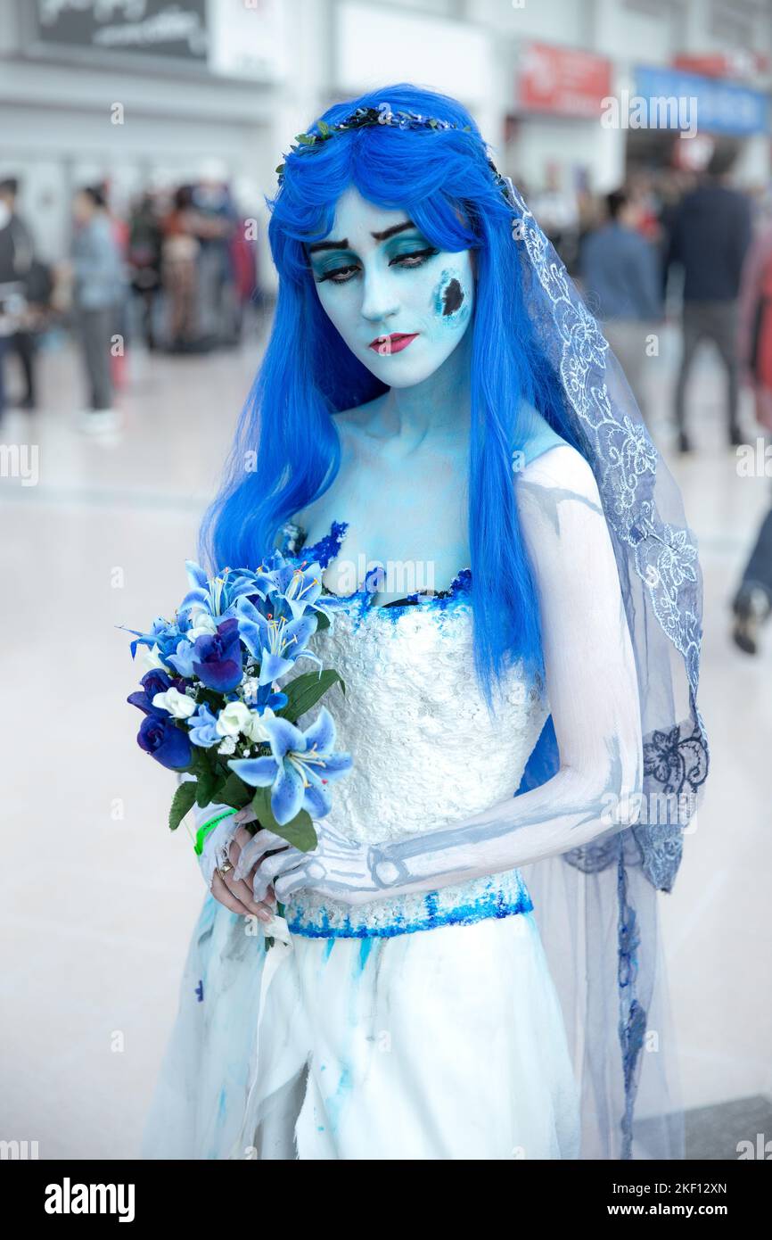 BIRMINGHAM NEC, UK - NOVEMBER 13, 2022.  A female cosplayer dressed as Tim Burton's The Corpse Bride at MCM Birmingham Comic Con 2022. Stock Photo