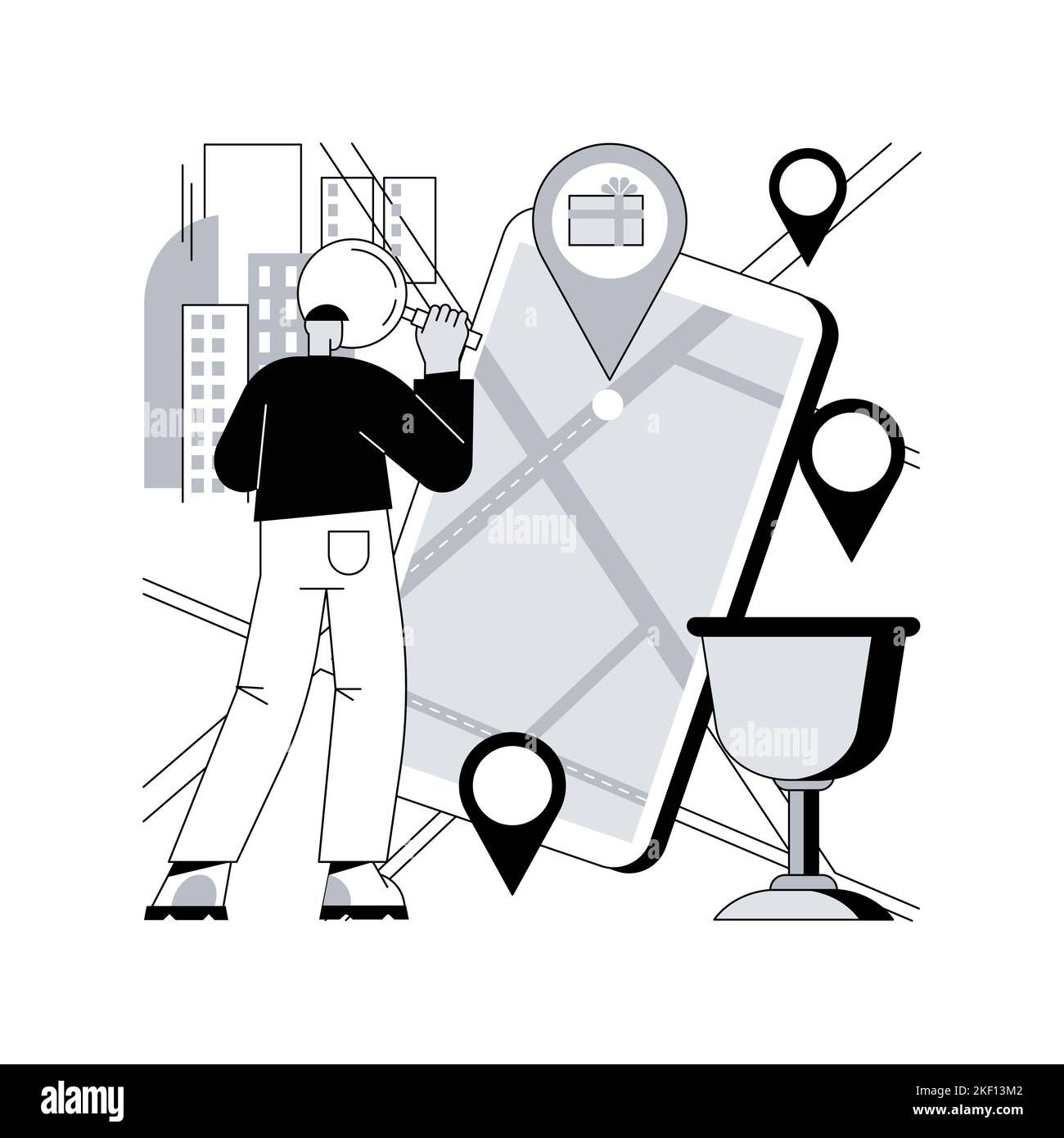 Interactive city quest abstract concept vector illustration. Urban games organization, tourist adventure, city walking, smartphone application, sightseeing tour, urban park abstract metaphor. Stock Vector