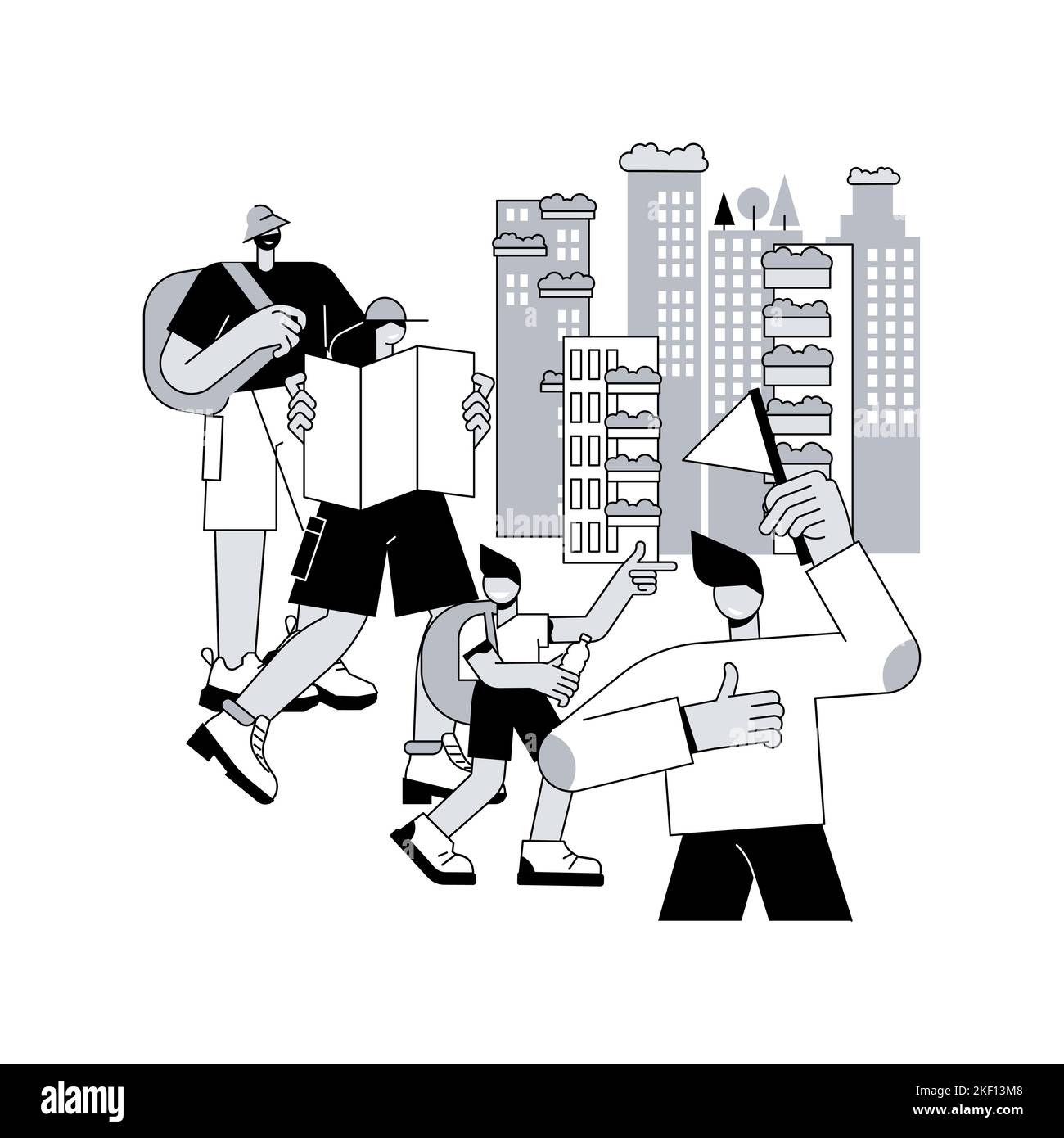 City tour abstract concept vector illustration. City tourist excursion group, modern urban tourism, sightseeing with guide, double decker bus, vacation, old town, taking photos abstract metaphor. Stock Vector