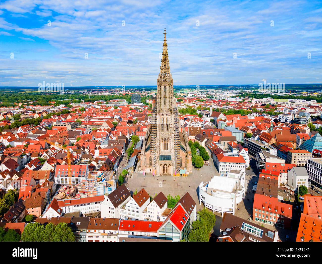 Ulm Minster or Ulmer Munster Cathedral aerial panoramic view, a Lutheran church located in Ulm, Germany. It is currently the tallest church in the wor Stock Photo