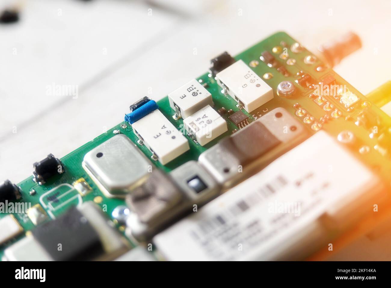 Board with chips, electronic chips, transistors and capacitors closeup