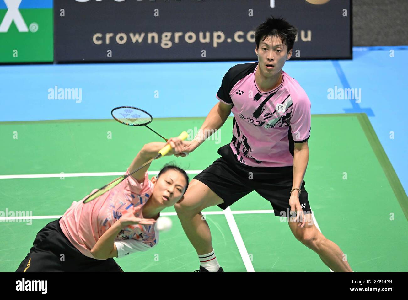 Sydney, Australia. 15th Nov, 2022. Yang Po-Hsuan (back) and Hu Ling Fang (front) of Chinese Taipei seen in action during the 2022 SATHIO GROUP Australian Badminton Open mixed doubles match against Kyohei Yamashita and Natsu Saito of Japan. Yang and Hu won the match, 17-21, 21-19, 21-12. Credit: SOPA Images Limited/Alamy Live News Stock Photo