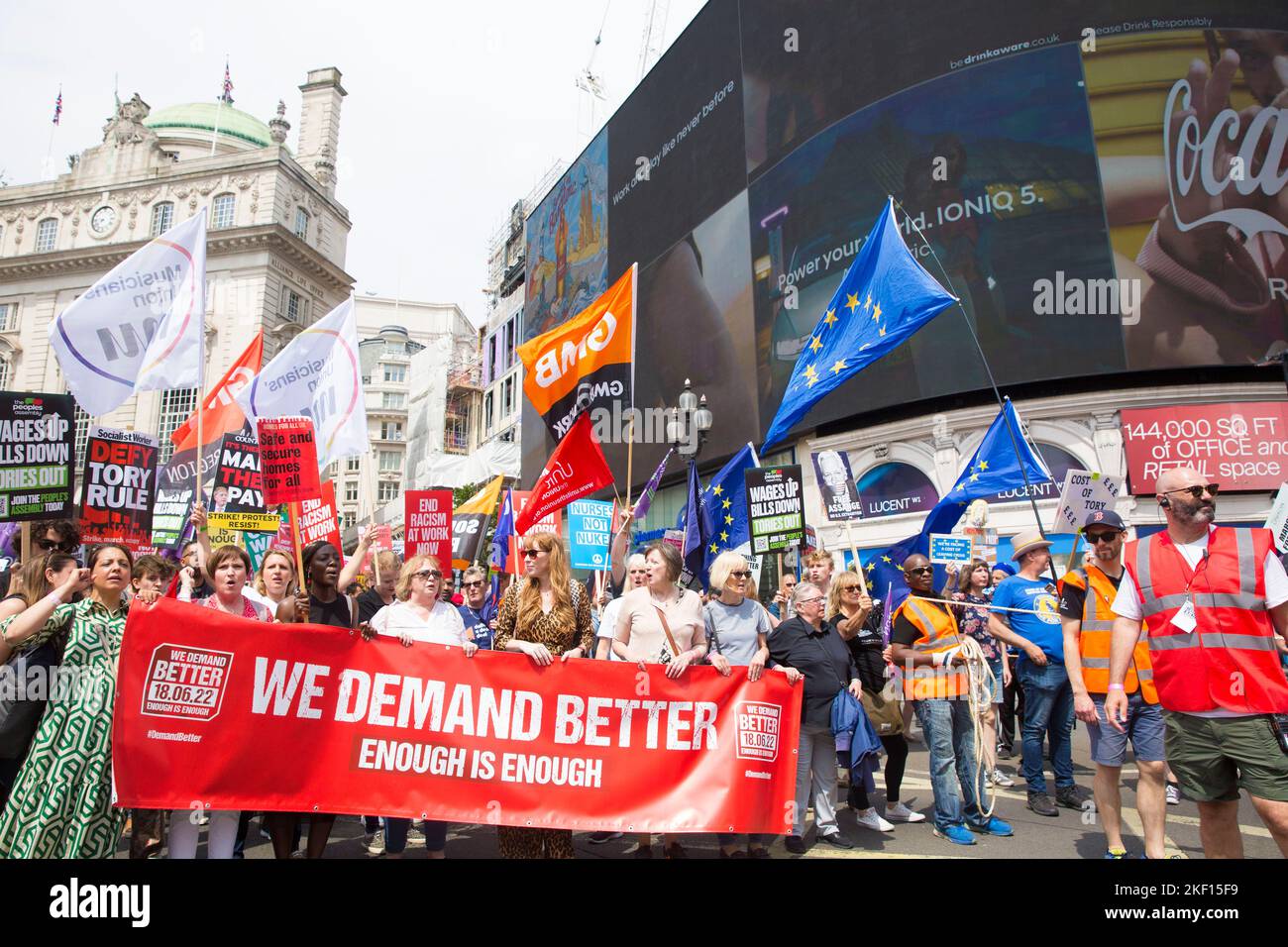 Angela Rayner MP of Labour Party is seen behind a banner as participants march during ‘We demand better’ demonstration called by the TUC in London. Stock Photo