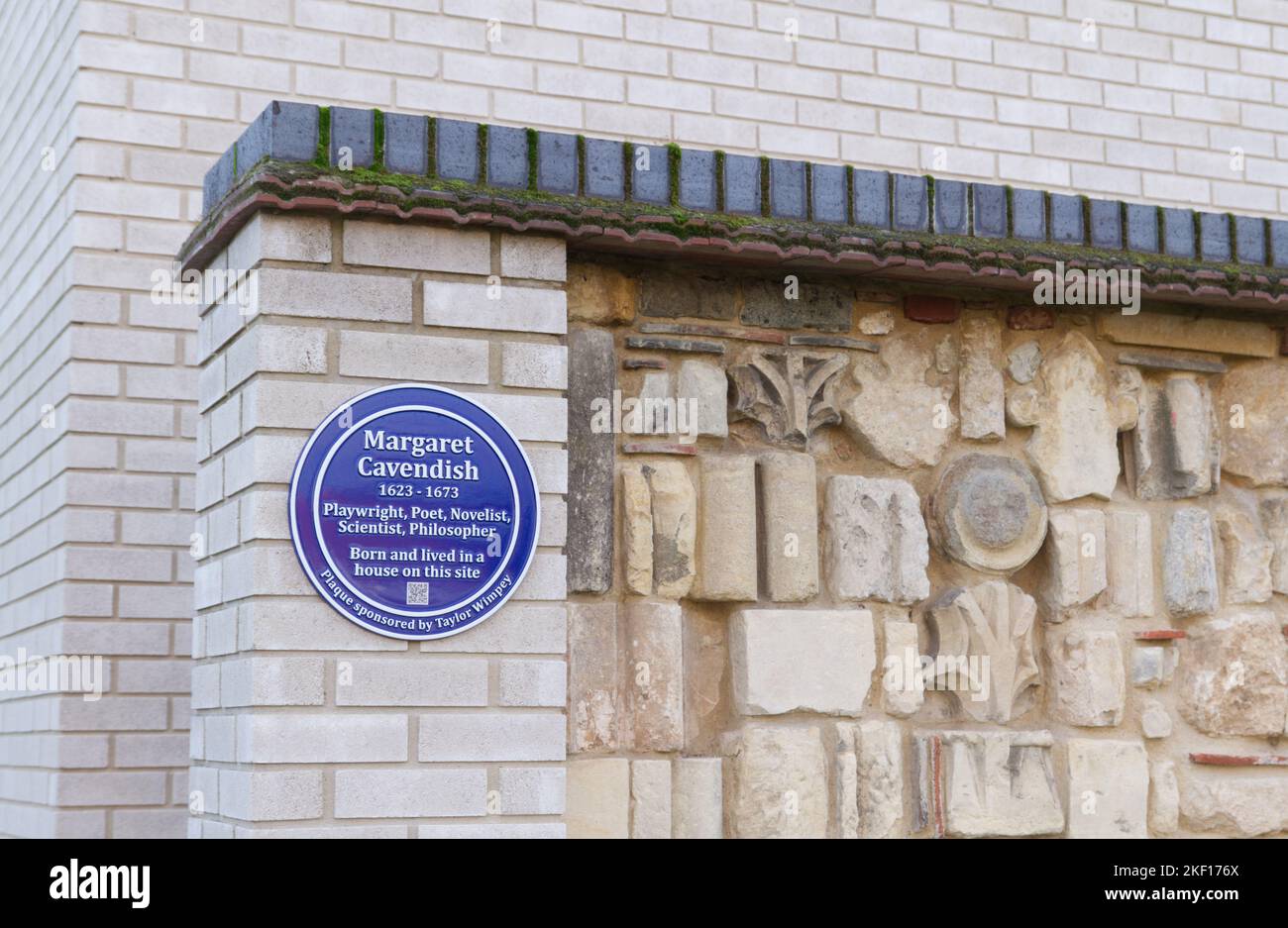 Blue plaque for Margaret Cavendish, a prolific author of the 17th century and wife of the 1st Duke of Newcastle upon Tyne, William Cavendish. Stock Photo