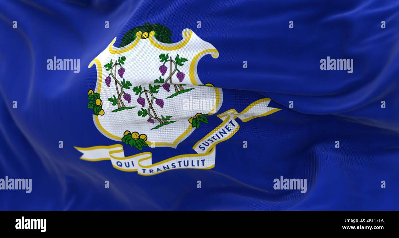 Close-up view of the Connecticut State flag waving in the wind. Fabric textured background. Selective focus. Seamless loop in slow motion. 3D render Stock Photo