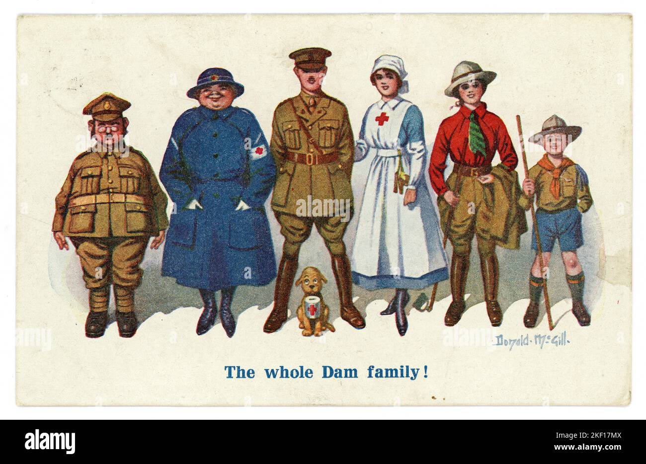 Original illustrated comic cartoon postcard The Whole Dam Family. Illustrates how the whole family were doing their bit for the war effort - the men are soldiers, the younger in the cavalry, the older girl is a red cross nurse and the mother is an ambulance driver, the teenage girl is a land girl, whilst the teenage boy is in the scouts, even the family dog has a role, looking quizzical, collecting money for the red cross fund.. The Regent Publishing Co. London, dated 1918 Stock Photo