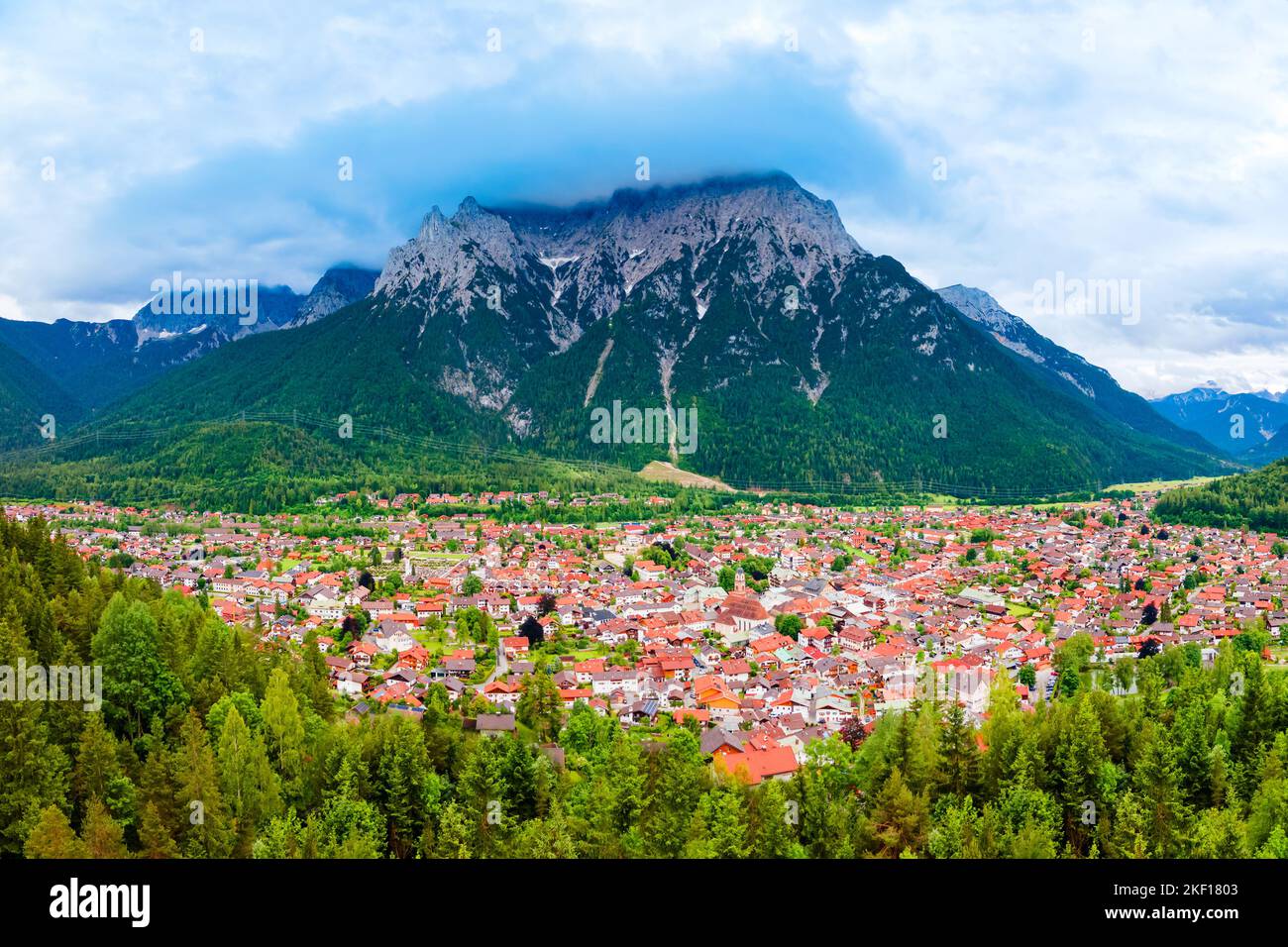 Mittenwald town and Karwendel mountain aerial panoramic view in Bavaria ...