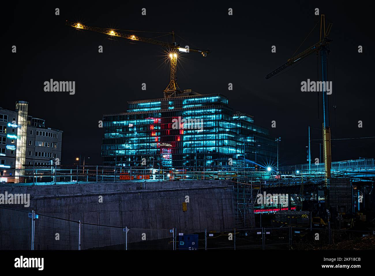 The illuminated with a red heart Platina building construction site  on the waterfront in Gothenburg Stock Photo