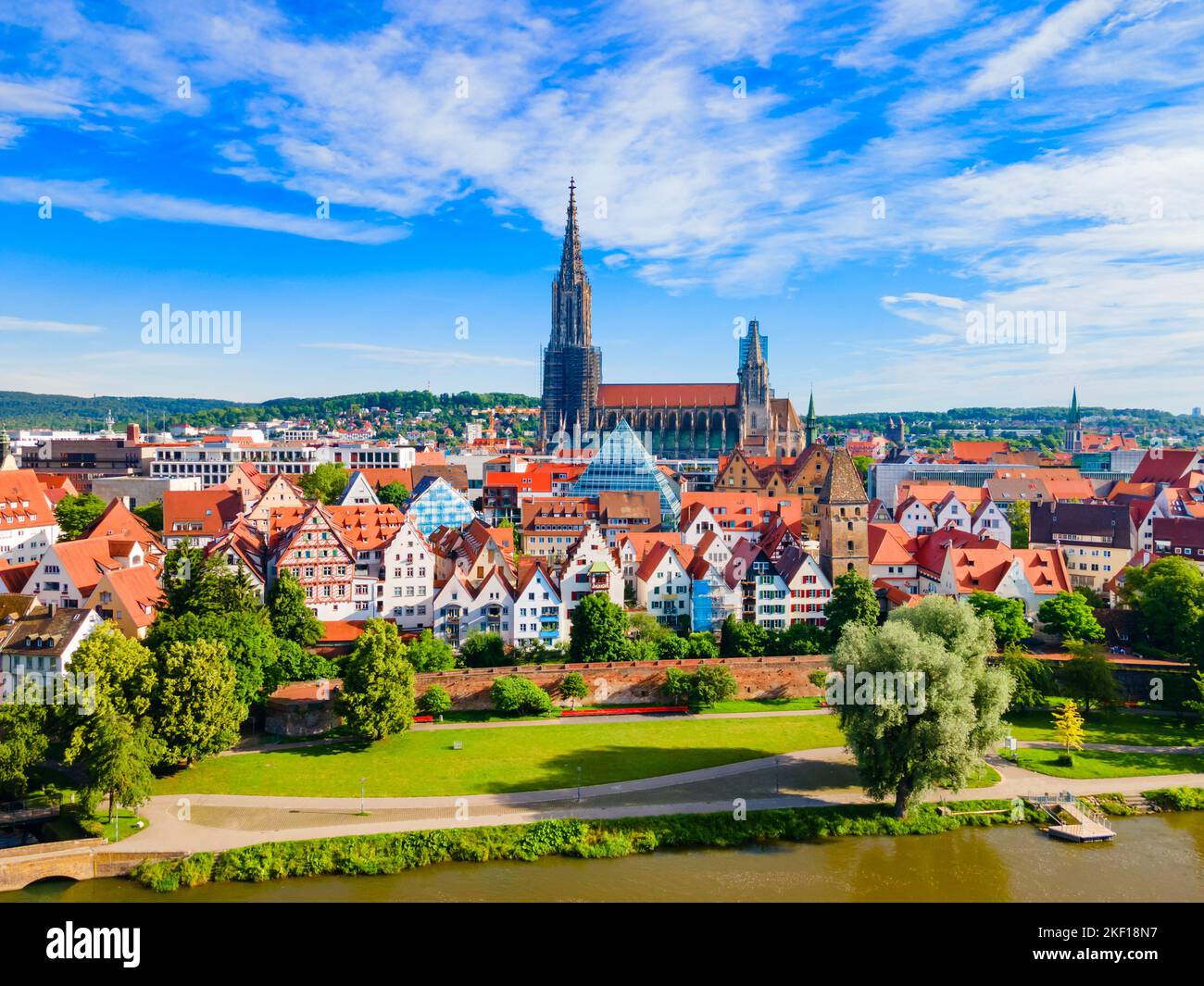 Ulm Minster or Ulmer Munster Cathedral aerial panoramic view, a Lutheran church located in Ulm, Germany. It is currently the tallest church in the wor Stock Photo