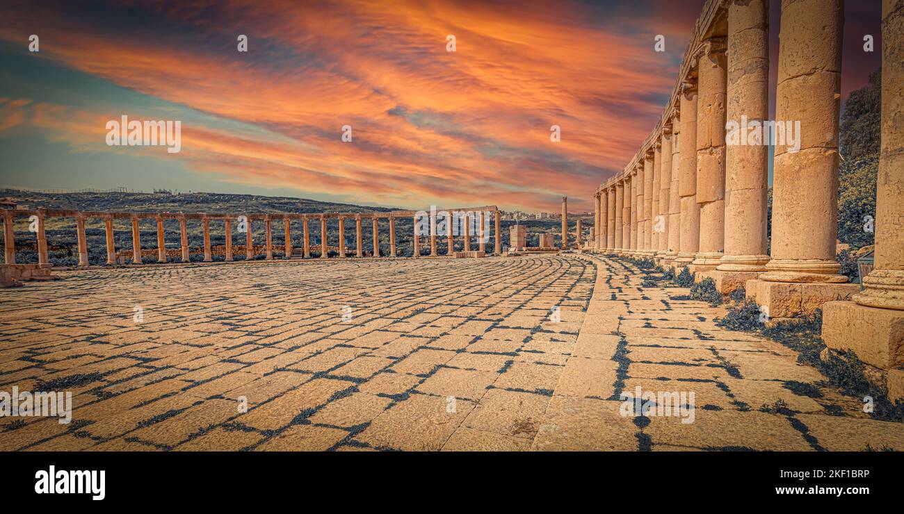 colonnade inside the ancient city of Jerash in Jordan Stock Photo