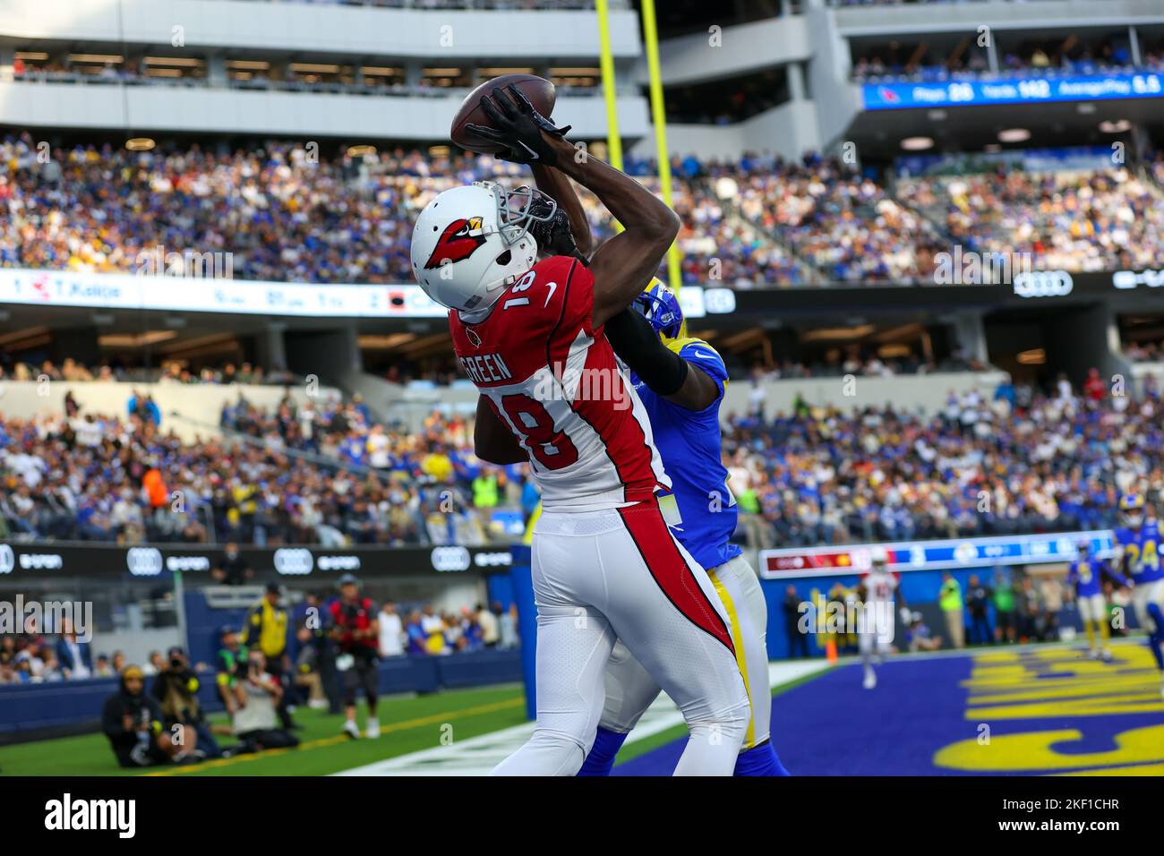 Arizona Cardinals wide receiver A.J. Green (18) catches a touchdown pass  against a Los Angeles Rams denfender during a NFL football game, Sunday,  Nov. 13, 2022, in Inglewood, Calif. The Cardinals defeated
