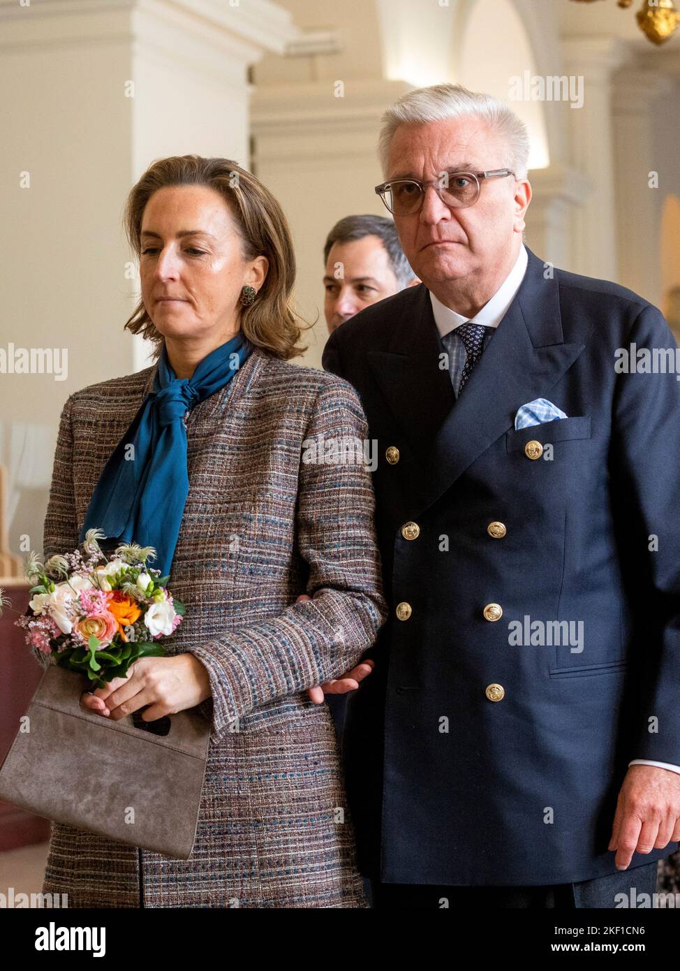 Belgian Prince Laurent (L) is pictured with Princess Claire (R) and her  daughter Princess Louise on the podium during the military parade on the  occasion of Belgium?s National Day in Brussels, Belgium