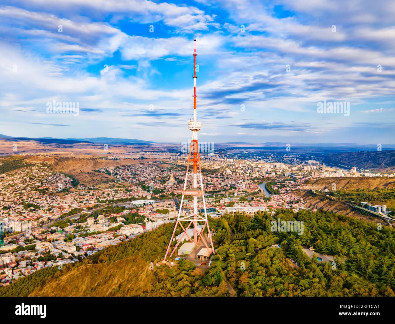 Tbilisi TV Broadcasting Tower aerial panoramic view. Tbilisi is the