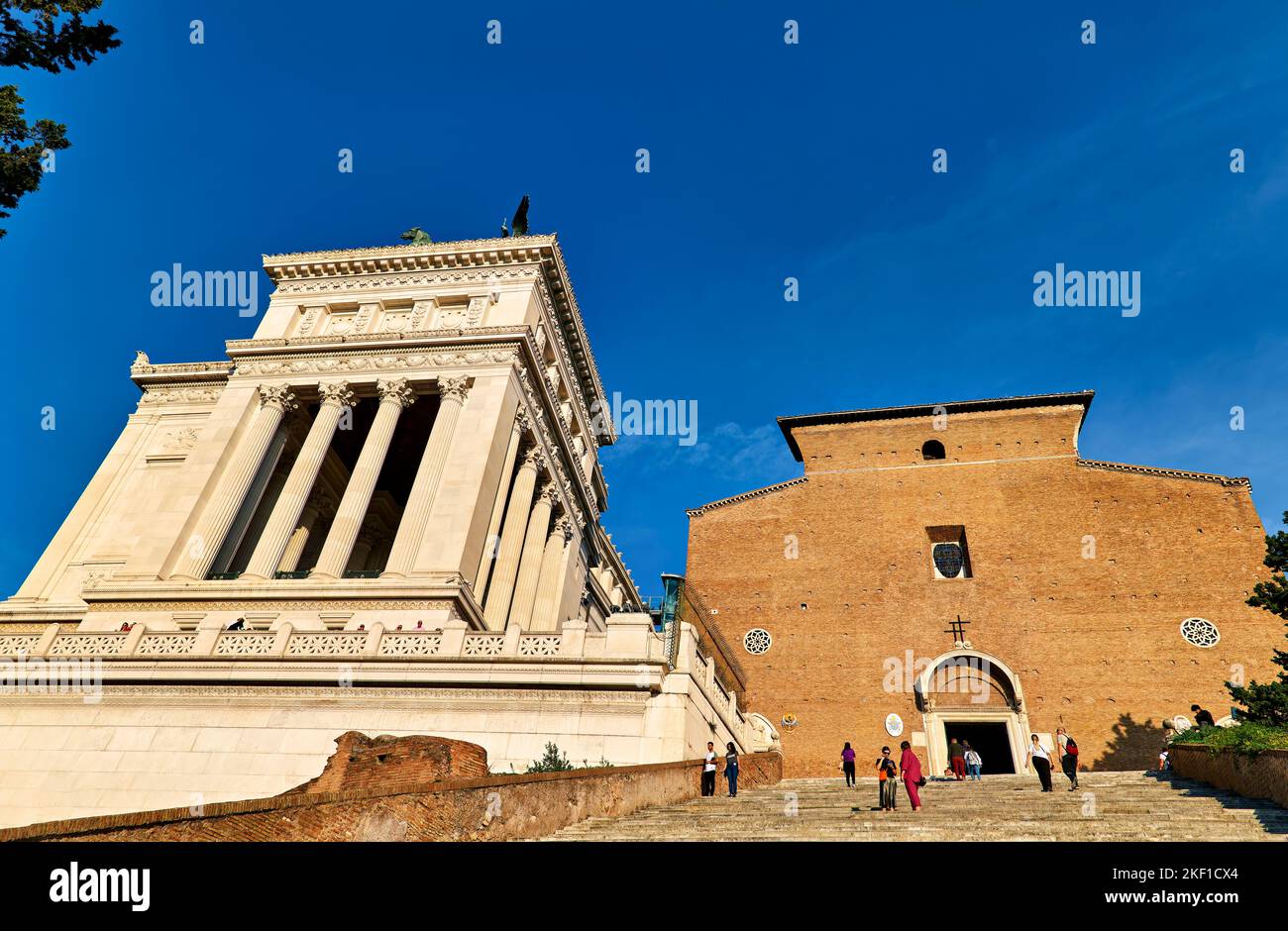 Rome Lazio Italy. Victor Emmanuel II National Monument, Vittoriano at Capitoline Hill and The Basilica of St. Mary of the Altar of Heaven (Santa Maria Stock Photo