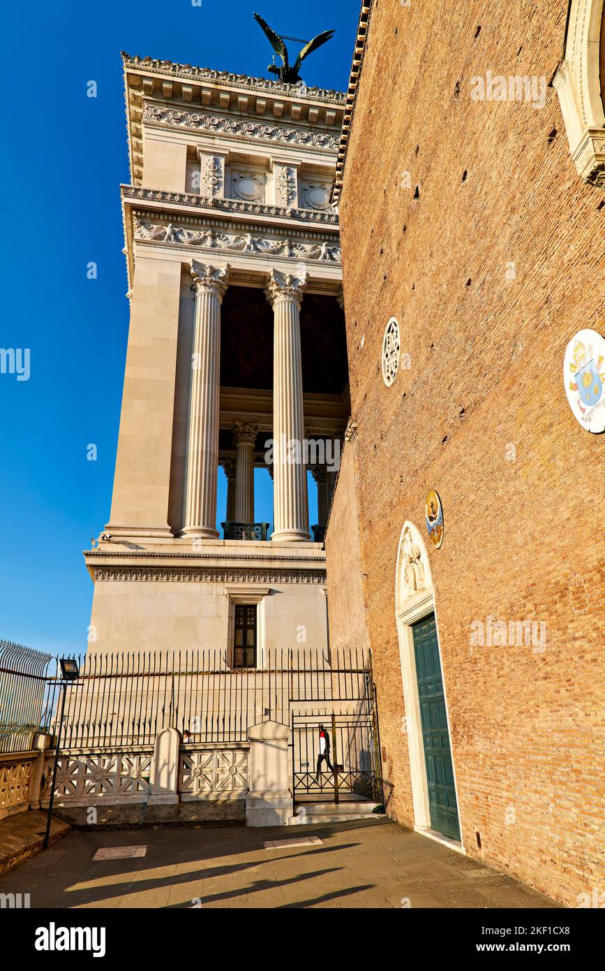 Rome Lazio Italy. Victor Emmanuel II National Monument, Vittoriano at Capitoline Hill and The Basilica of St. Mary of the Altar of Heaven (Santa Maria Stock Photo