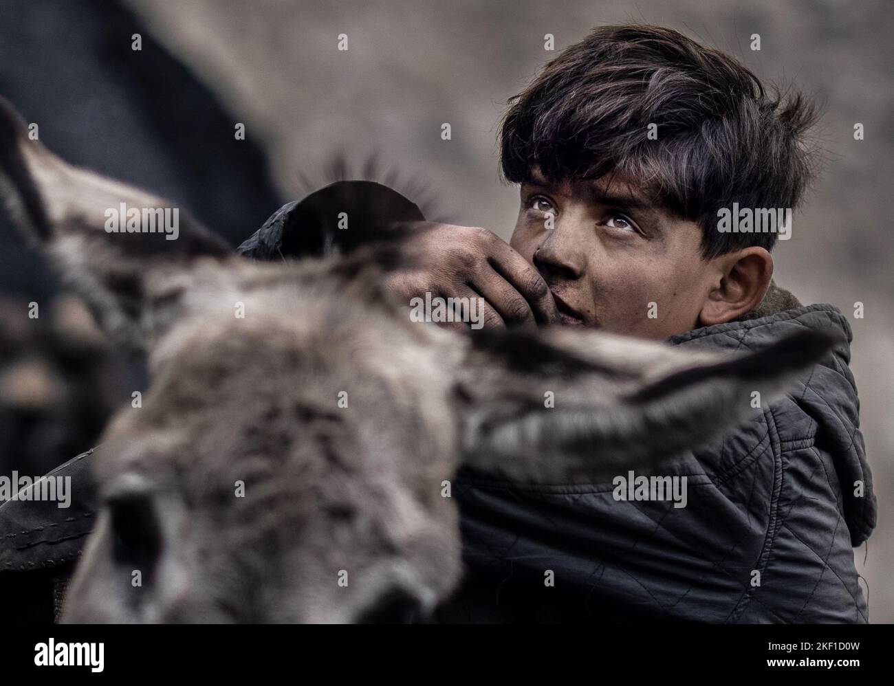 Chinarak, Afghanistan. 12th Nov, 2022. A boy working as a miner takes a  break in front of an informal coal mine. Hundreds of miners, ranging from  men over 60 to boys as