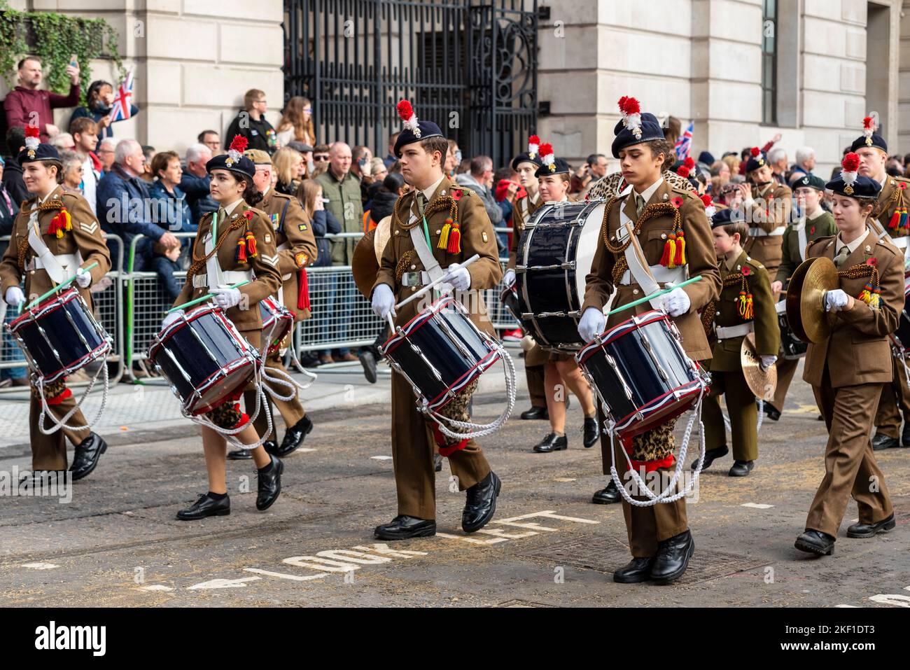 The Royal Regiment of Fusiliers band at the Lord Mayor's Show parade in the City of London, UK. Combined Cadet Force Stock Photo