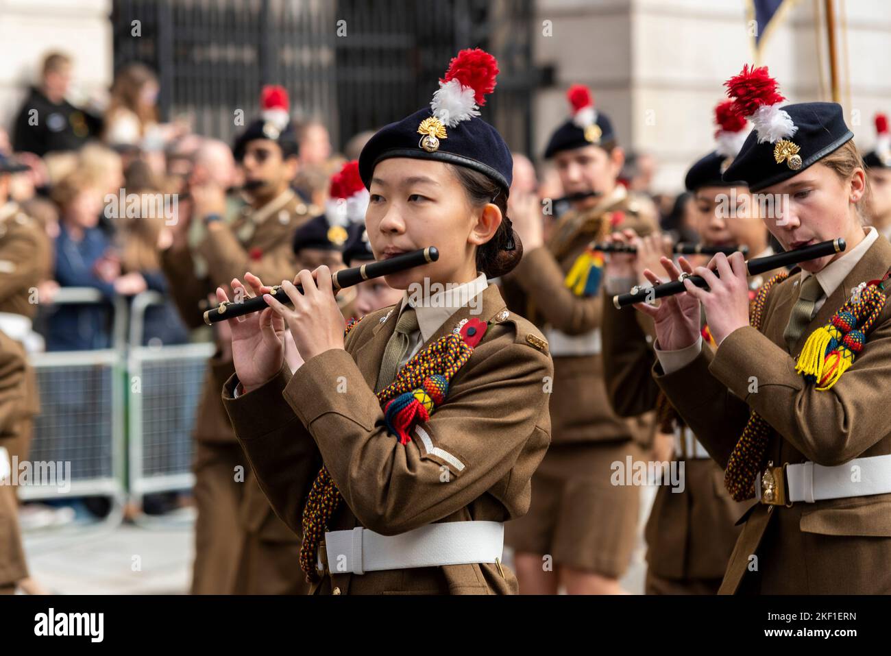The Royal Regiment of Fusiliers band at the Lord Mayor's Show parade in the City of London, UK. Combined Cadet Force Stock Photo