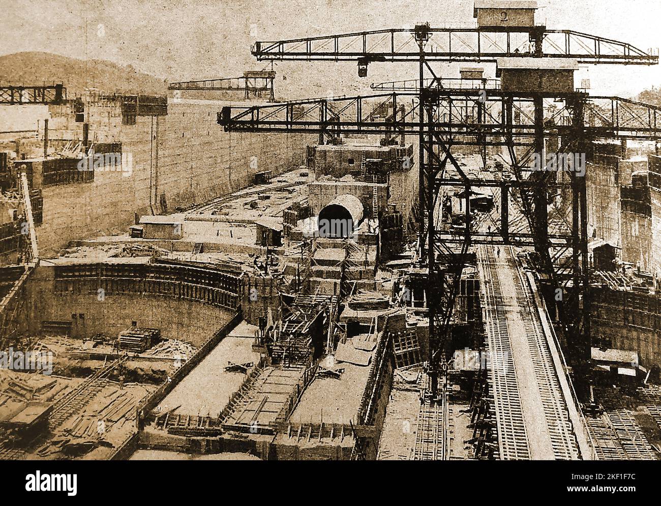 PANAMA CANAL - An old photograph taken during the construction of the Miraflores Lock on the Panama Canal. Stock Photo