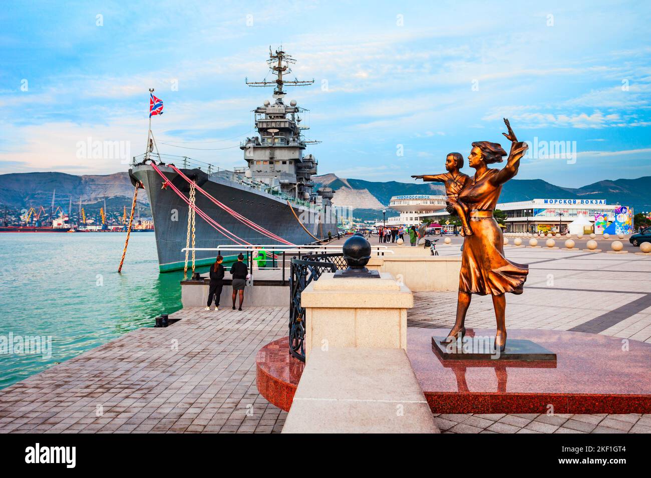 Novorossiysk, Russia - October 02, 2020: Monument to the Wifes of Sailors and Soviet cruiser museum Mikhail Kutuzov in Novorossiysk city, Krasnodar Kr Stock Photo