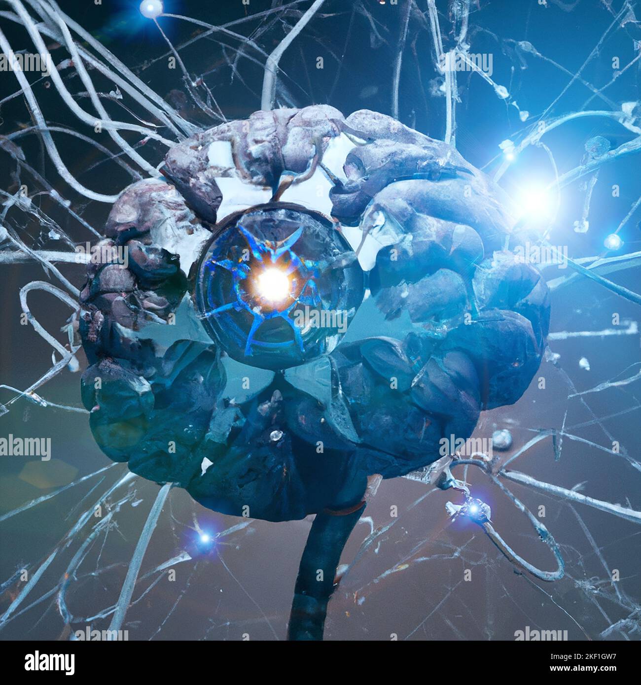 Using Artificial Intelligence with brain implants. Intellectual enhancements. New boundaries of science and technology. Connection between neurons Stock Photo
