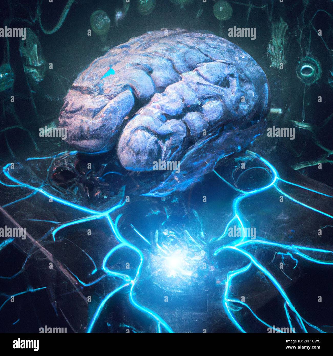 Using Artificial Intelligence with brain implants. Intellectual enhancements. New boundaries of science and technology. Connection between neurons Stock Photo
