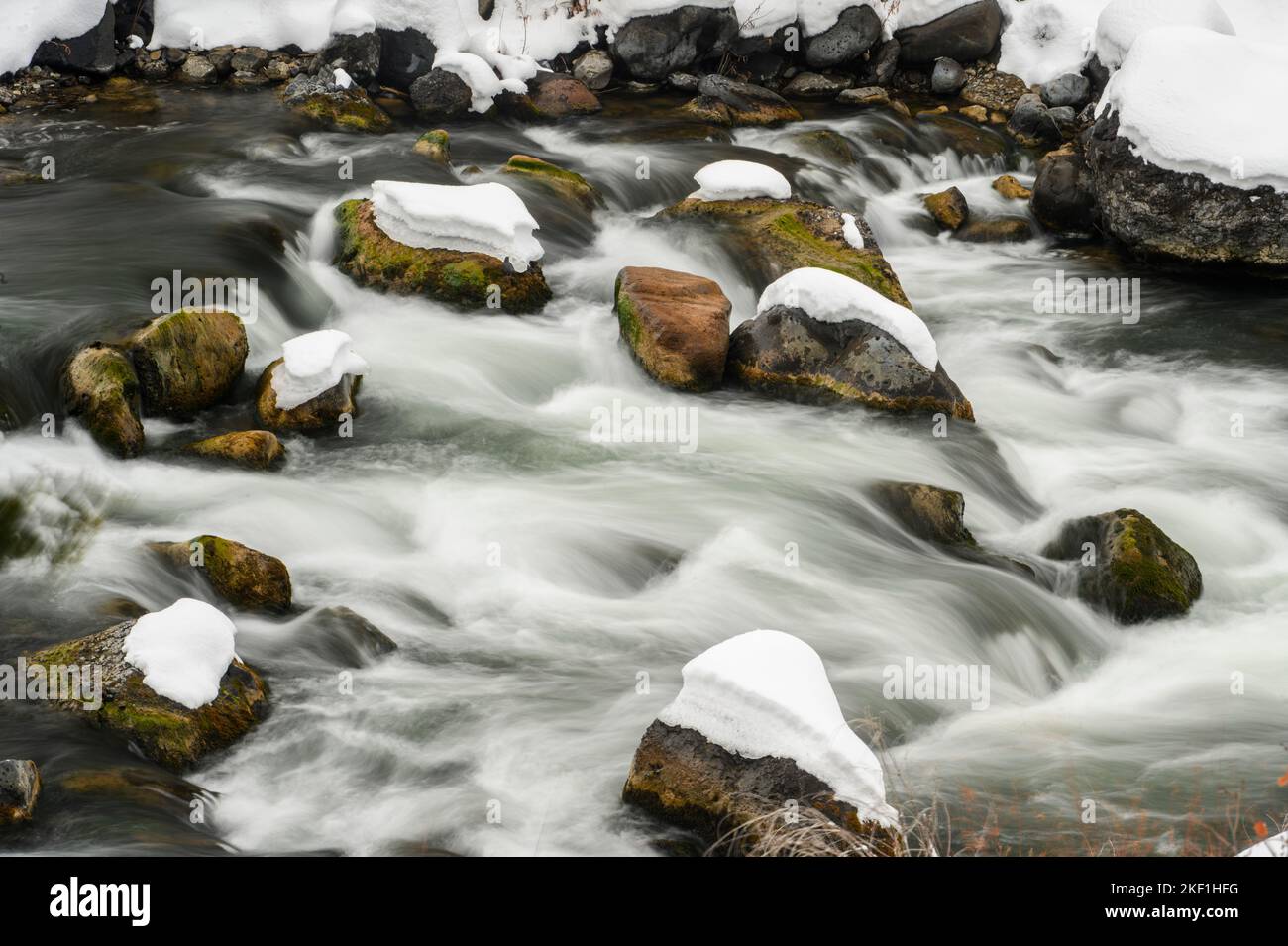 Gardner River with fresh snow, Yellowstone National Park, Wyoming, USA Stock Photo