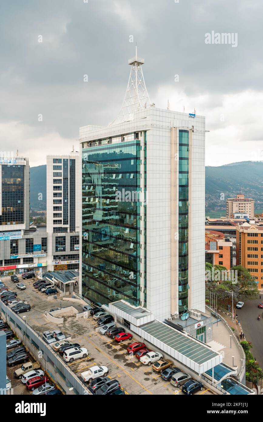 Kigali, Rwanda - August 17 2022: Grand Pension Plaza and other buildings in Kigali city centre on a stormy day. Stock Photo