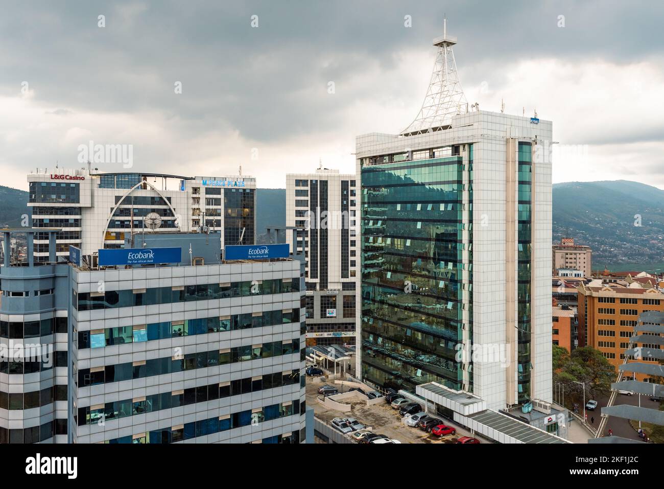 Kigali, Rwanda - August 17 2022: Ecobank, Grand Pension Plaza, Peace Plaza and other buildings in downtown Kigali on a stormy day. Stock Photo