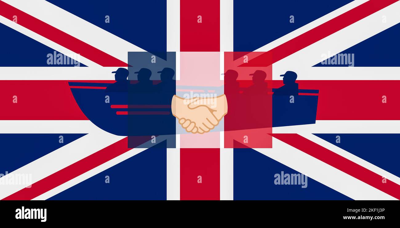 Boat on UK flag with with handshake on flag of France. Concept, immigration, Channel crossing, small boats, asylum seekers, border control, sea... Stock Photo
