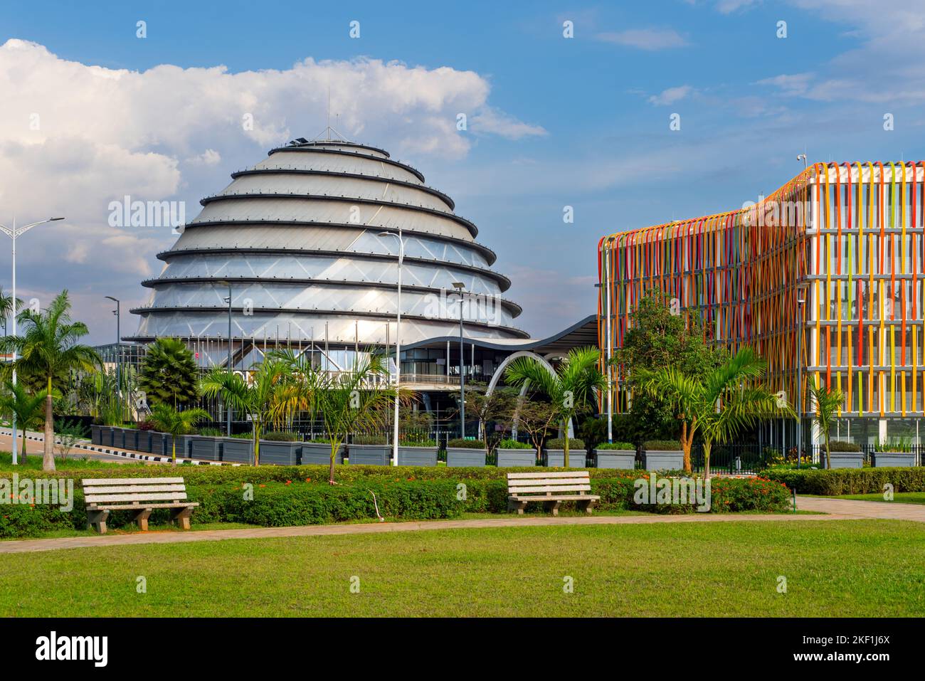 Kigali, Rwanda - August 19 2022: Kigali Convention Centre on a sunny day. The facility, designed after the inside of a king's palace, hosts a variety Stock Photo