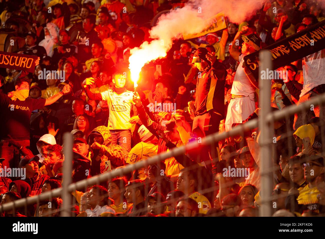 Quito, Ecuador - Ligapro final 2022 Aucas vs Barcelona SC. Barcelona sporting club fans cheer on their team during visiting game of the championship Stock Photo