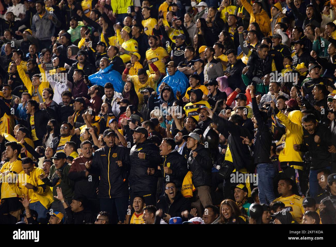Quito, Ecuador - Ligapro final 2022 Aucas vs Barcelona SC. Barcelona sporting club fans cheer on their team during visiting game of the championship Stock Photo