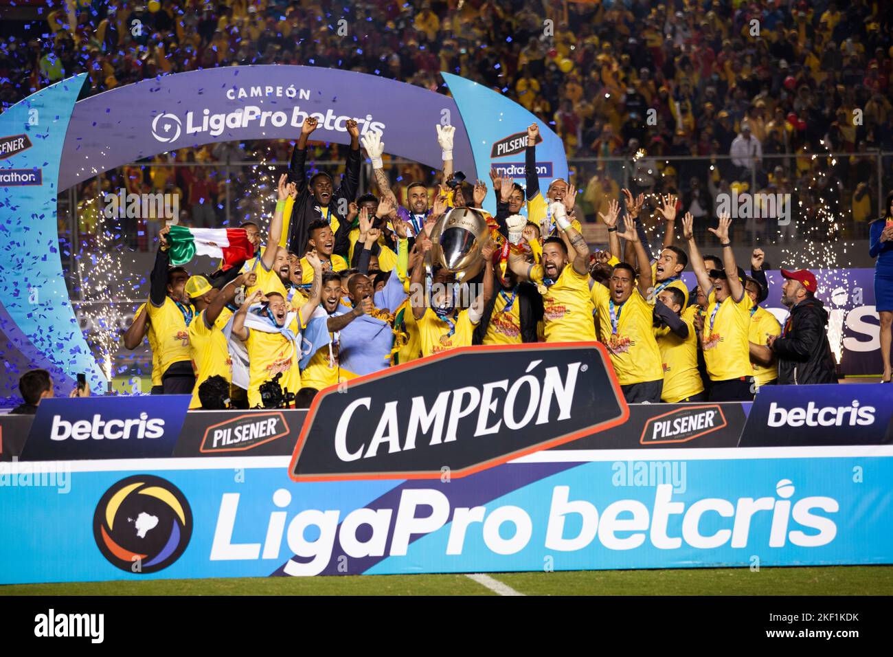 Aucas wins and celebrates Ecuadorian national cup liga pro for the first time in history Stock Photo