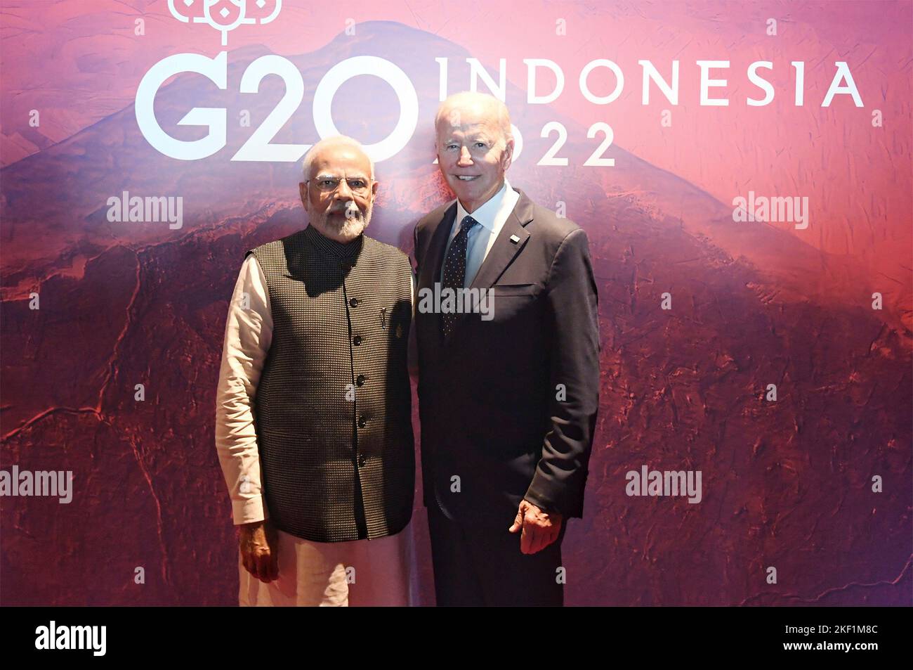 Nusa Dua, Indonesian. 15th Nov, 2022. Nusa Dua, Indonesian. 15 November, 2022. U.S. President Joe Biden, and Indian Prime Minister Narendra Modi, left, pose together before the start of the before the Partnership for Global Infrastructure and Investment meeting at the G20 Leaders Summit, November 15, 2022, in Bali, Indonesia. Credit: Press Information Bureau/PIB Photo/Alamy Live News Stock Photo