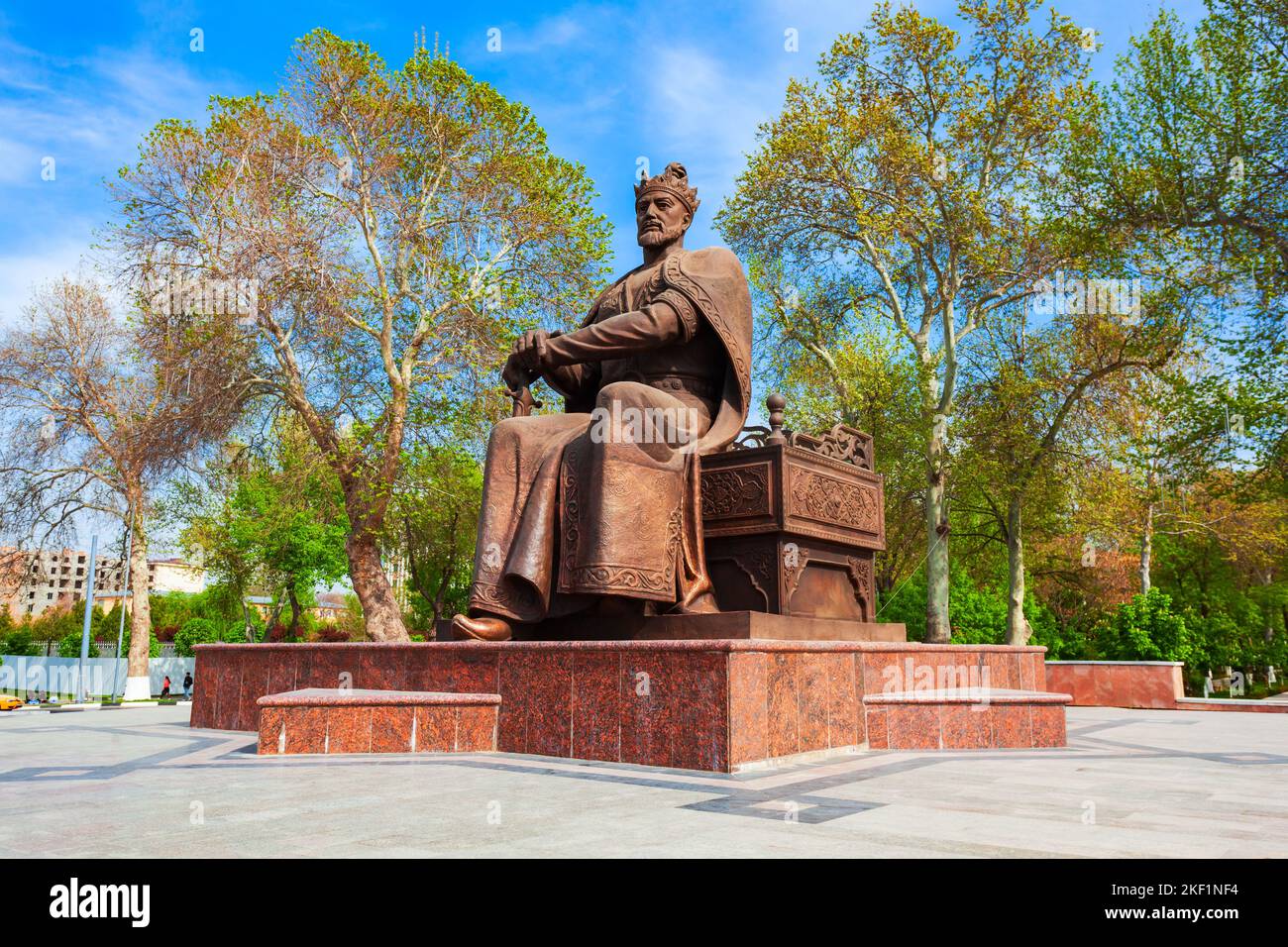 Samarkand, Uzbekistan - April 17, 2021: Amir Timur or Tamerlane monument in Samarkand city, Uzbekistan. Amir Temur was a Turco Mongol conqueror who fo Stock Photo